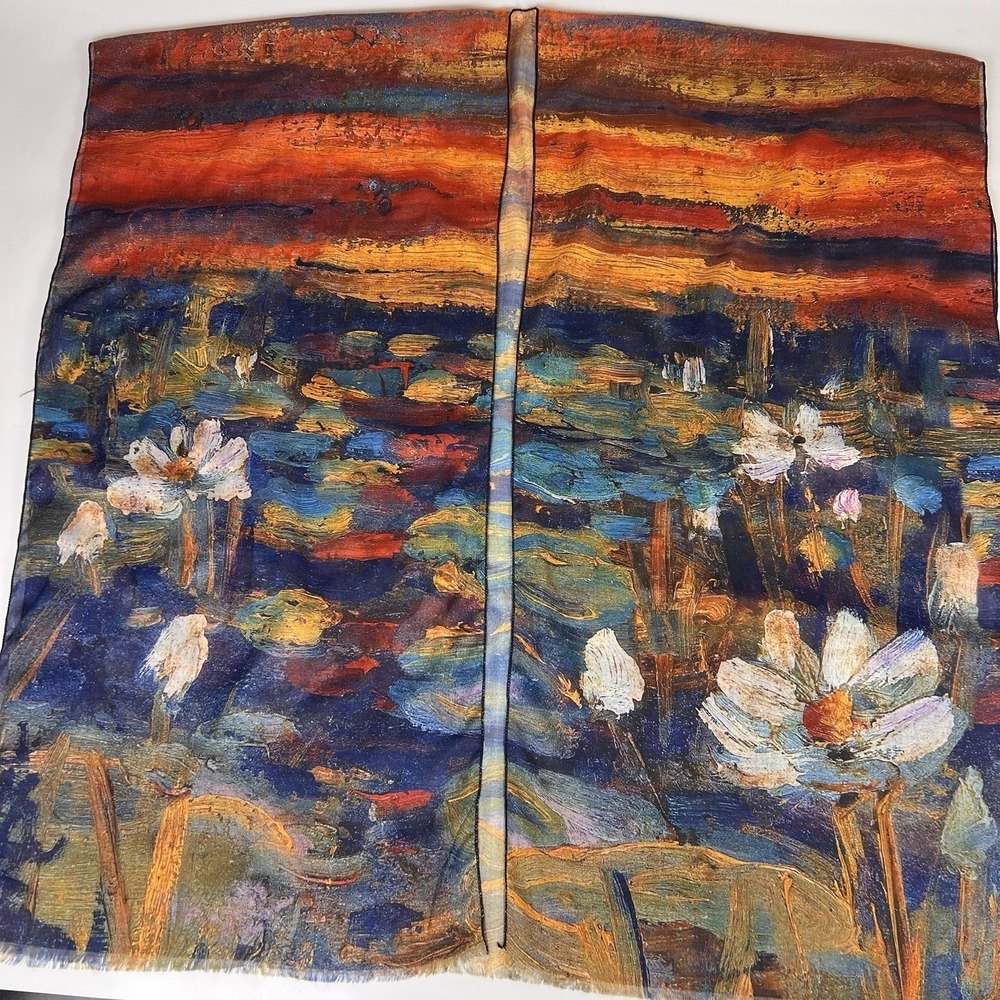 Monet Water Lilies Inspired Ruana Kimono Poly Chiffon Resort Cover Up Fringe Hem - Picture 8 of 14